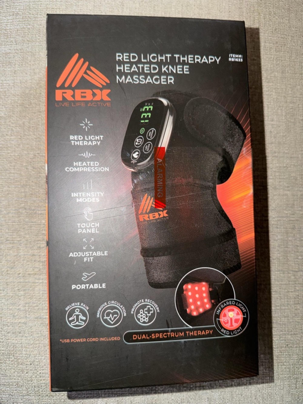RBX Black Knee Massager with red light therapy and Digital Touch Panel